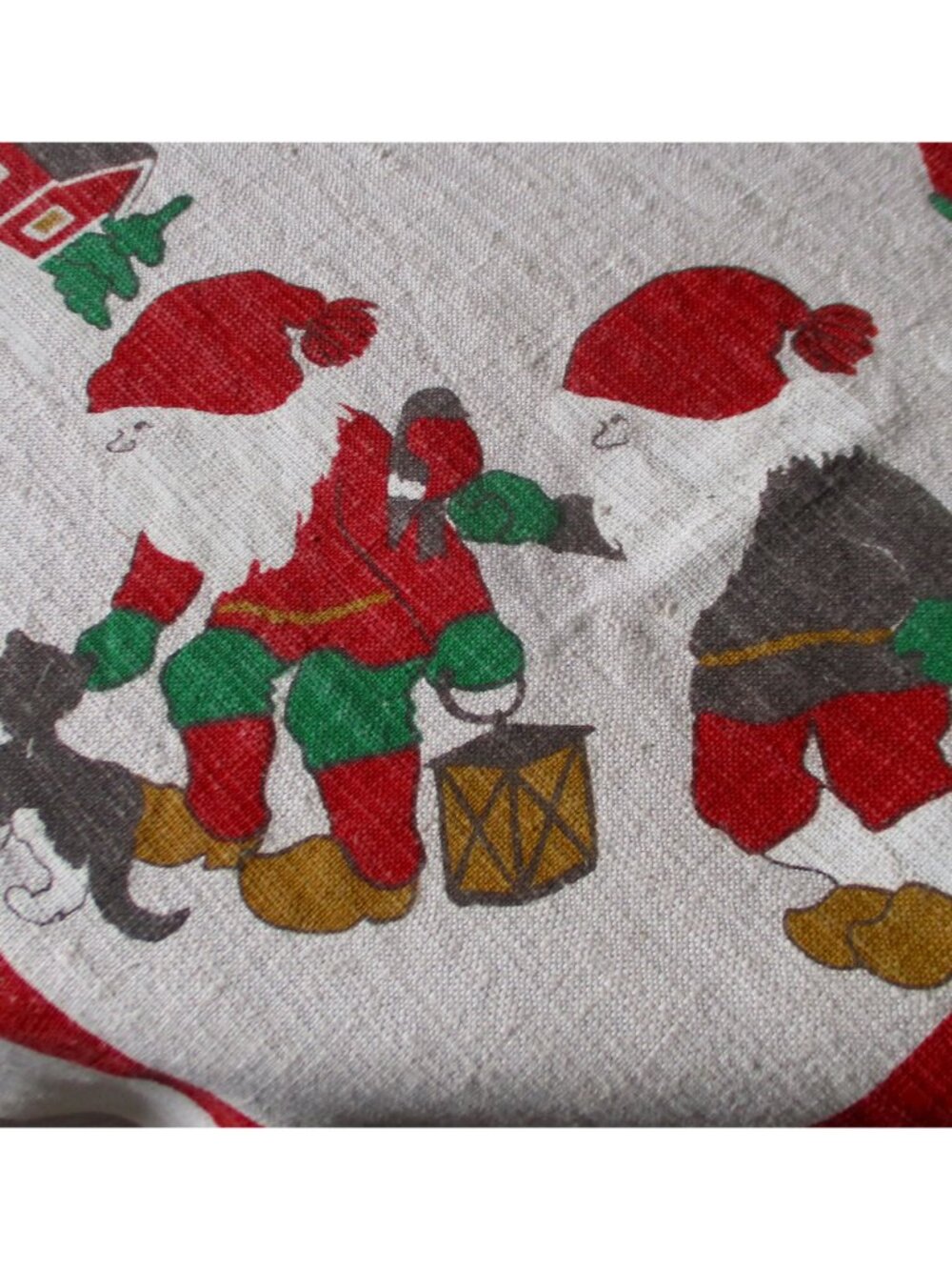 Vtg Christmas Tablecloth Elves Bells Poinsettias Linen, 23.5 in. Square - Picture 6 of 8